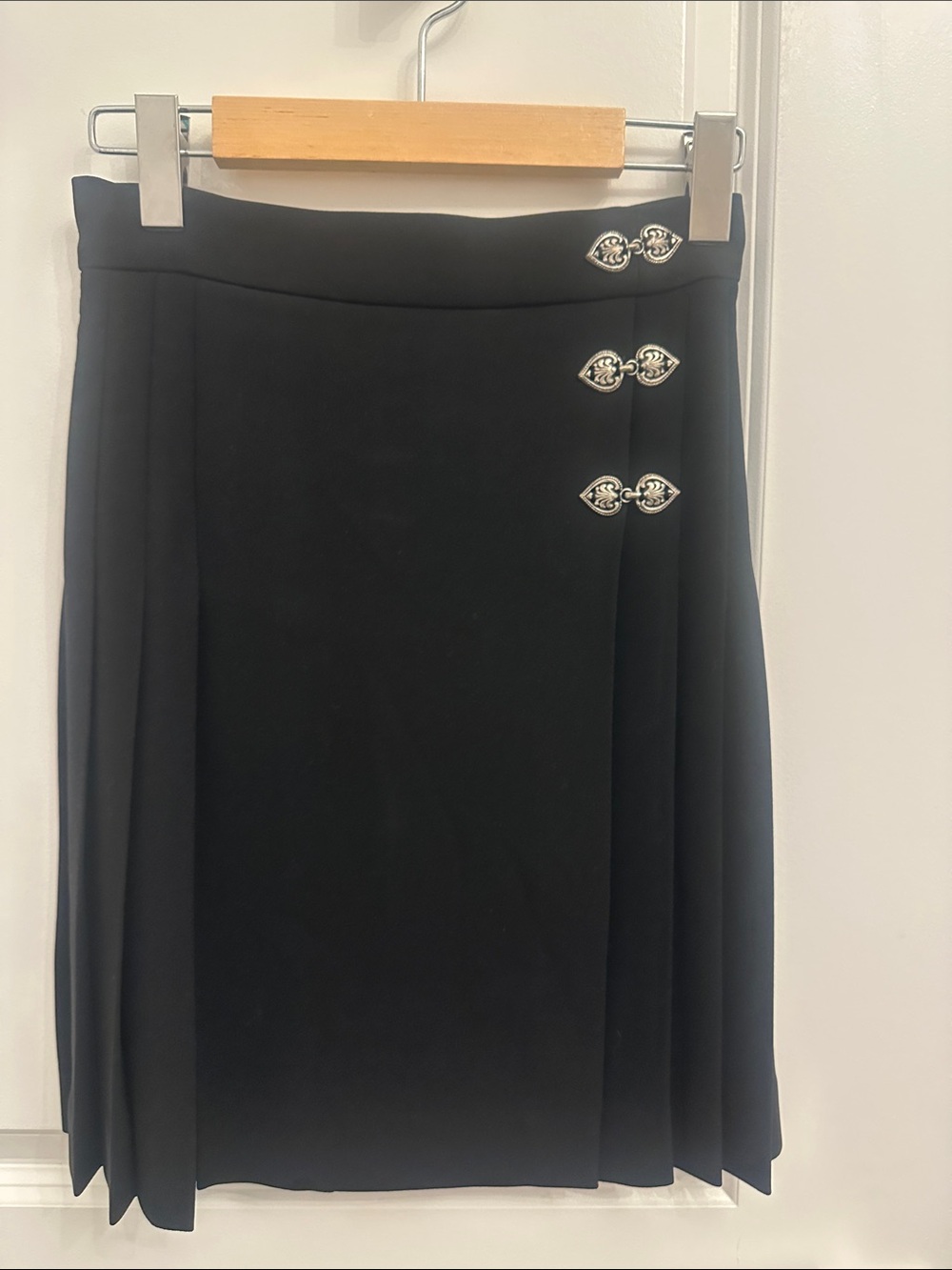 The Kooples Black Midi Skirt with Silver Heart-Clasp Details